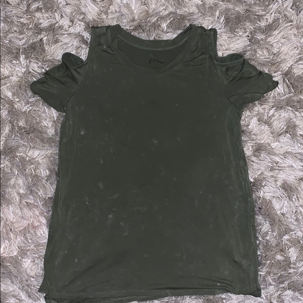 Army green shirt with holes out at shoulders